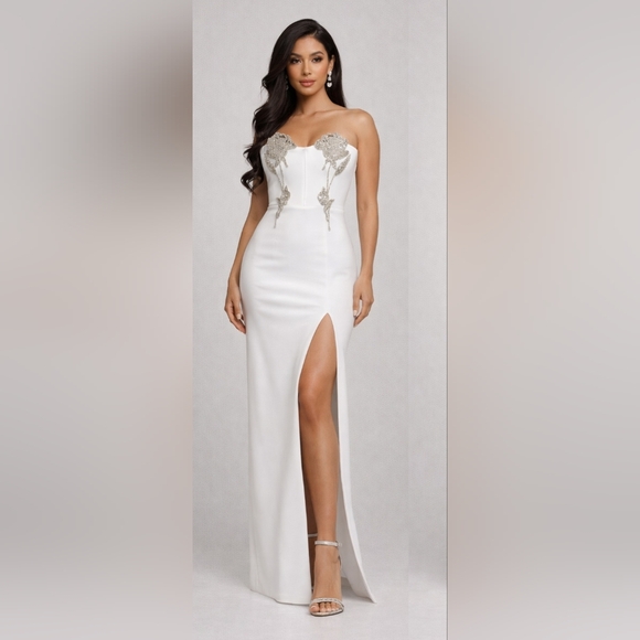 Fashion Nova Dresses & Skirts - Fashion Nova White Strapless Embellished Maxi Dress with High Slit Size Small